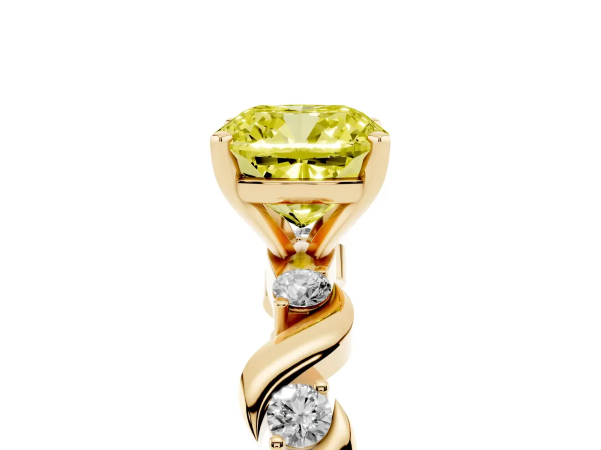 Fancy Yellow Cushion Cut Diamond Solitaire Twisted Band with Round Accents and Prong Setting Yellow gold