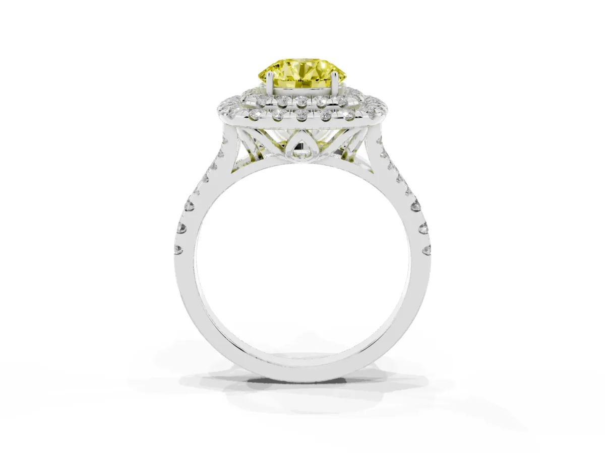 Fancy Yellow Double Halo Round Cut Diamond Pavé Split Shank Ring with Prong Setting Platinum