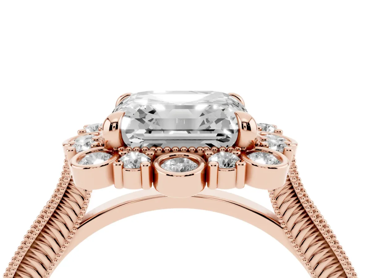 Asscher Cut Halo Milgrain Pave Diamond Ring with Four-Prong Setting Rose gold