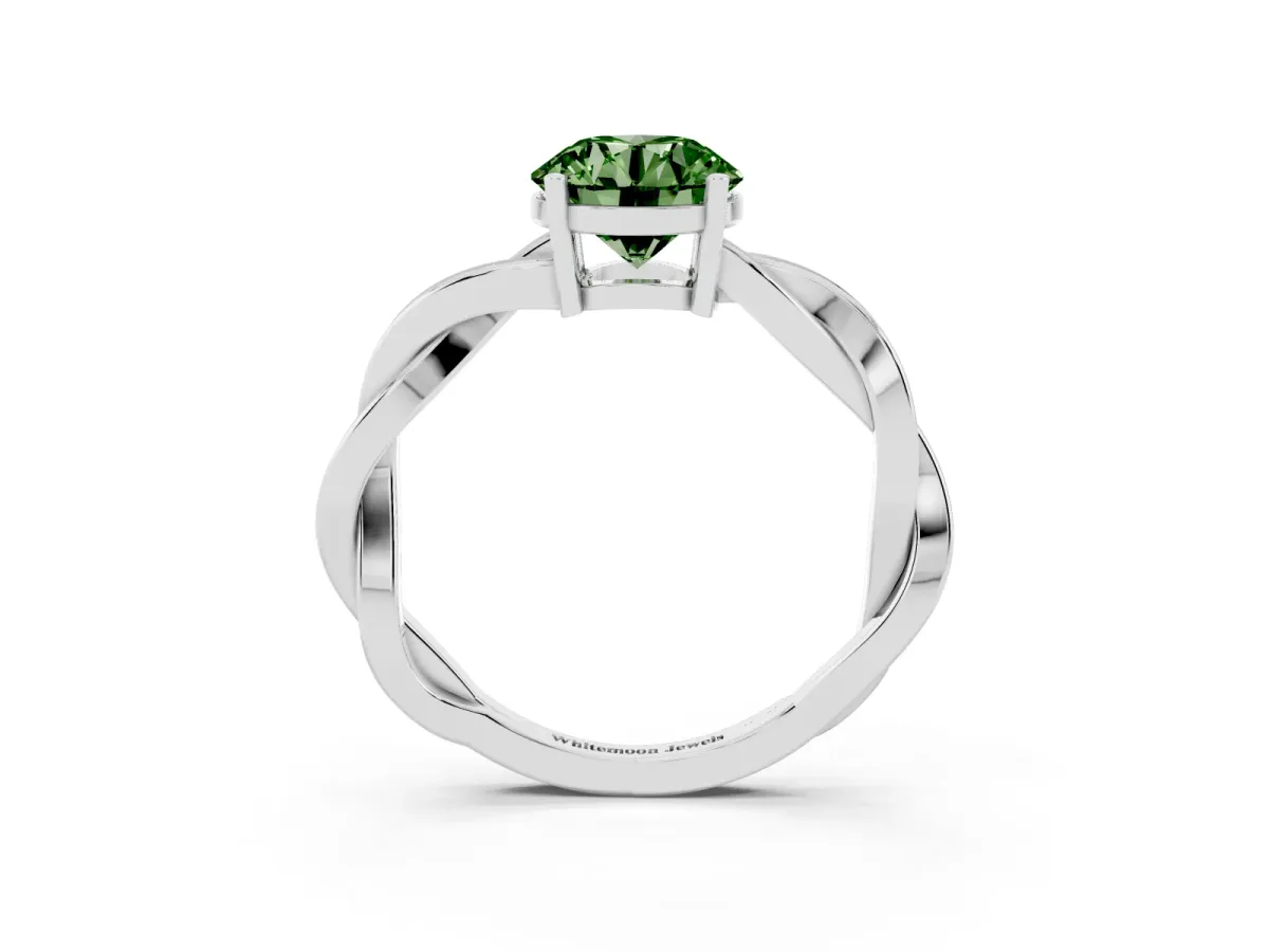 Fancy Green Round Cut Solitaire Twisted Pave Diamond Ring with Four-Prong Setting Silver