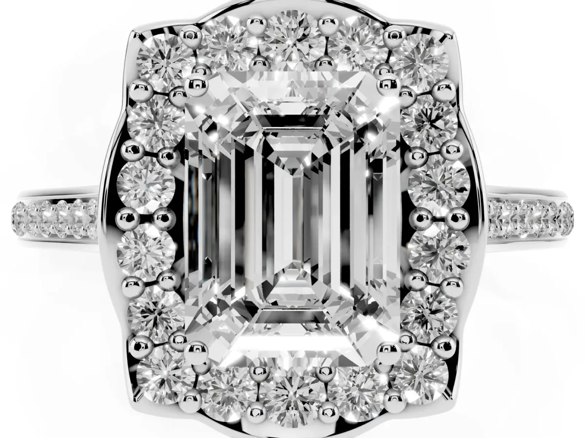 Emerald Cut Halo Round Diamond Pave Band with Four-Prong Setting Silver