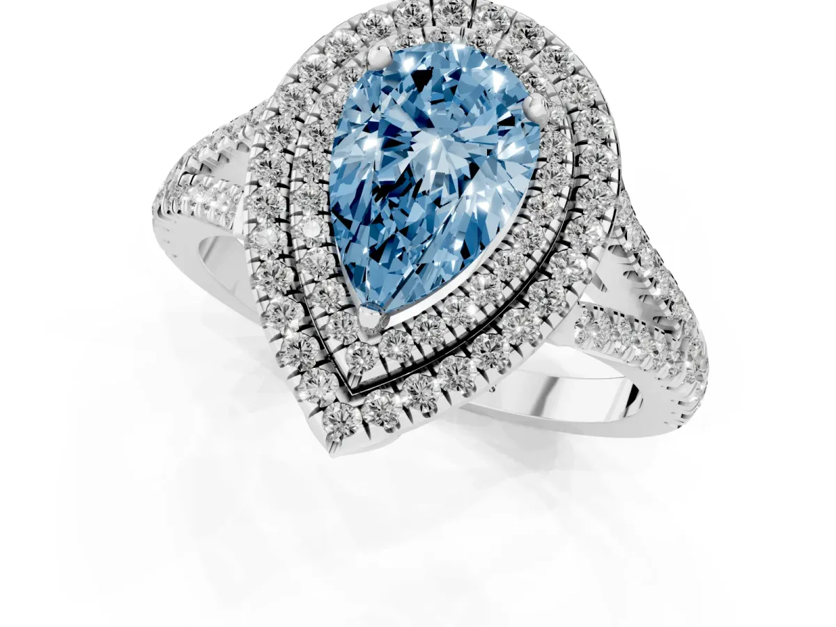 Fancy Blue Pear Cut Diamond Double Halo Ring with Pavé Band and Prong Setting Silver