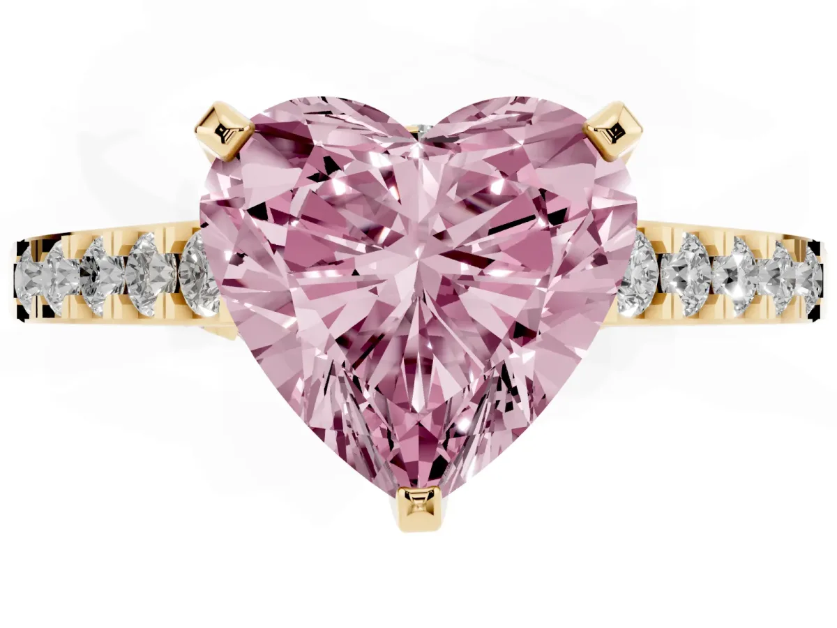 Fancy Pink Heart Cut Diamond Solitaire Ring with Crossover Gallery and Round Pavé Band Yellow gold