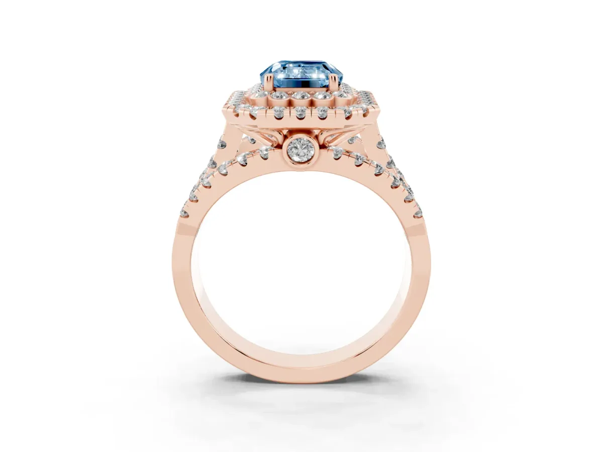 Fancy Blue Emerald Cut Diamond Double Halo Ring with Round Pavé Split Shank and Prong Setting Rose gold