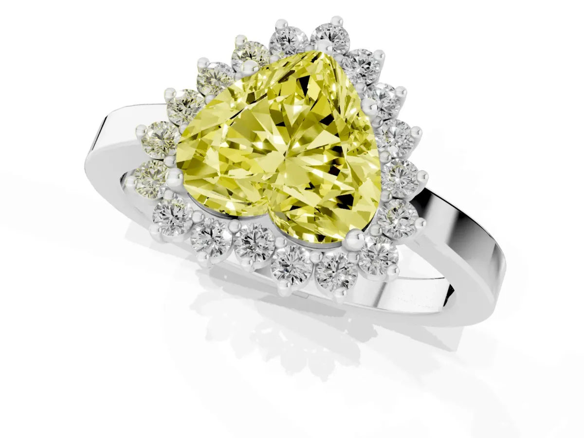 Fancy Yellow Heart Cut Cut Diamond Halo Ring with Round Brilliant Halo and Solitaire Band Silver