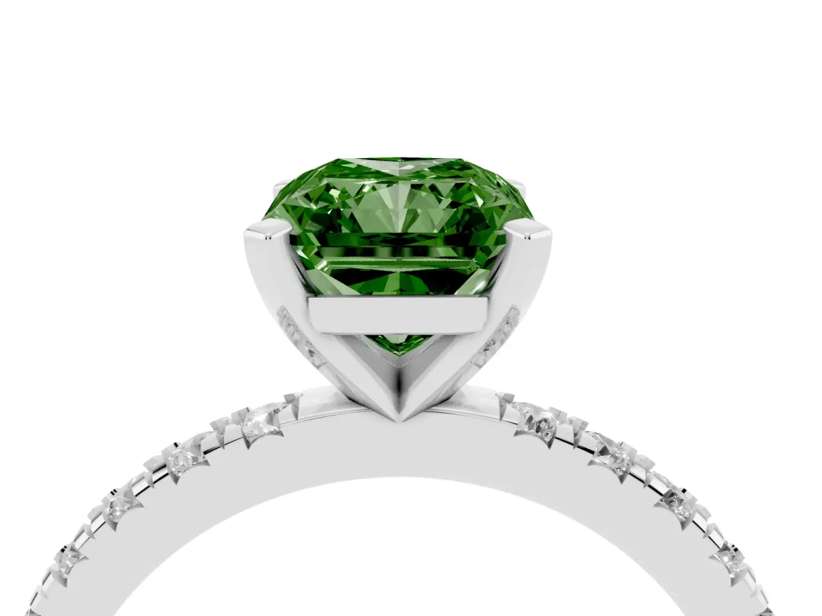 Fancy Green Radiant Cut Diamond Pavé Band Solitaire with Four-Prong Setting Silver