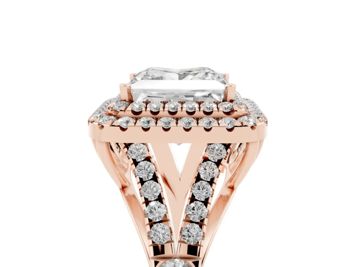 Princess Cut Diamond Pavé Split Shank Double Halo Engagement Ring Rose gold