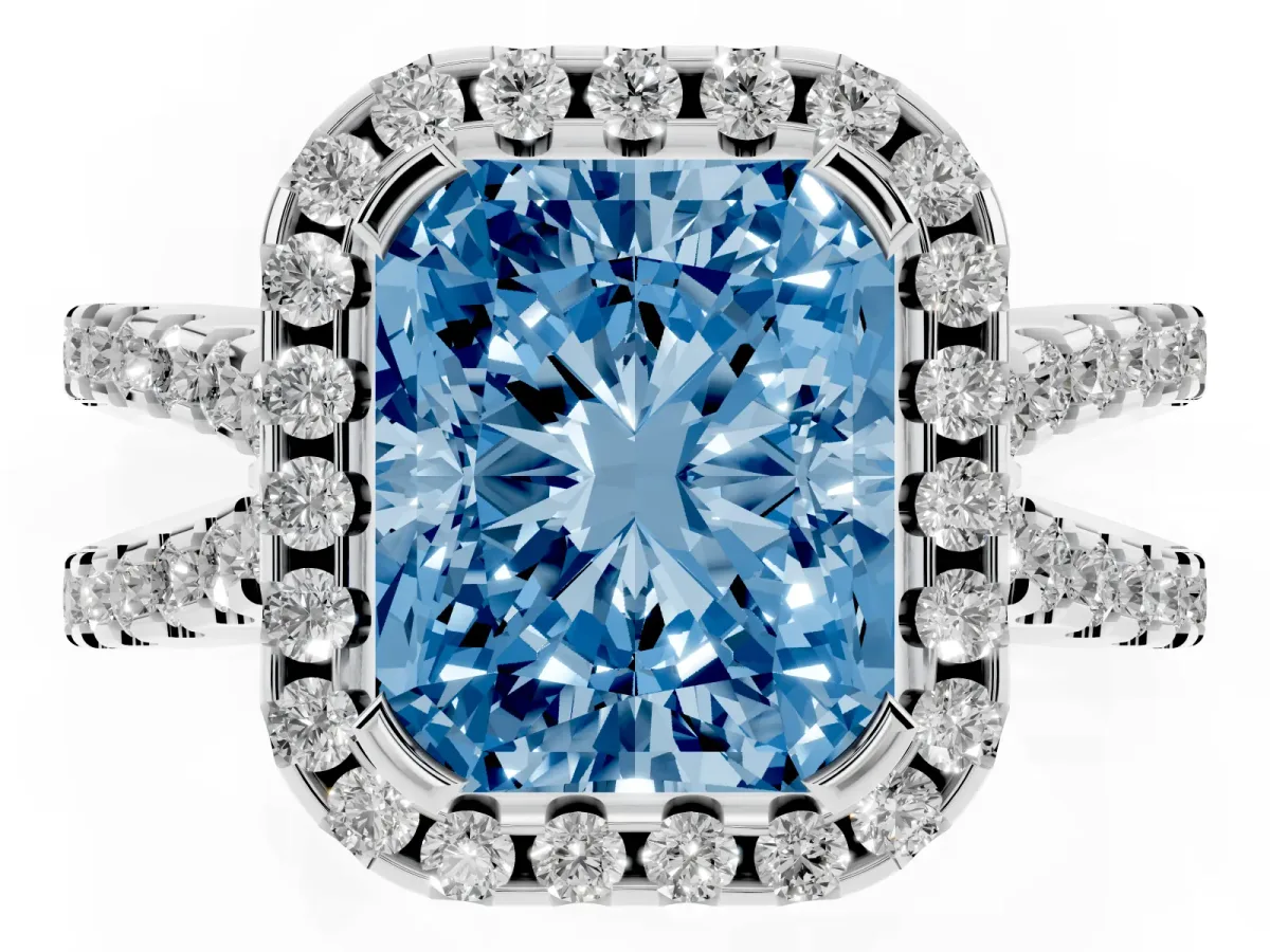 Fancy Blue Radiant Cut Diamond Halo Ring with Split Shank Pavé Band and Prong Setting Platinum
