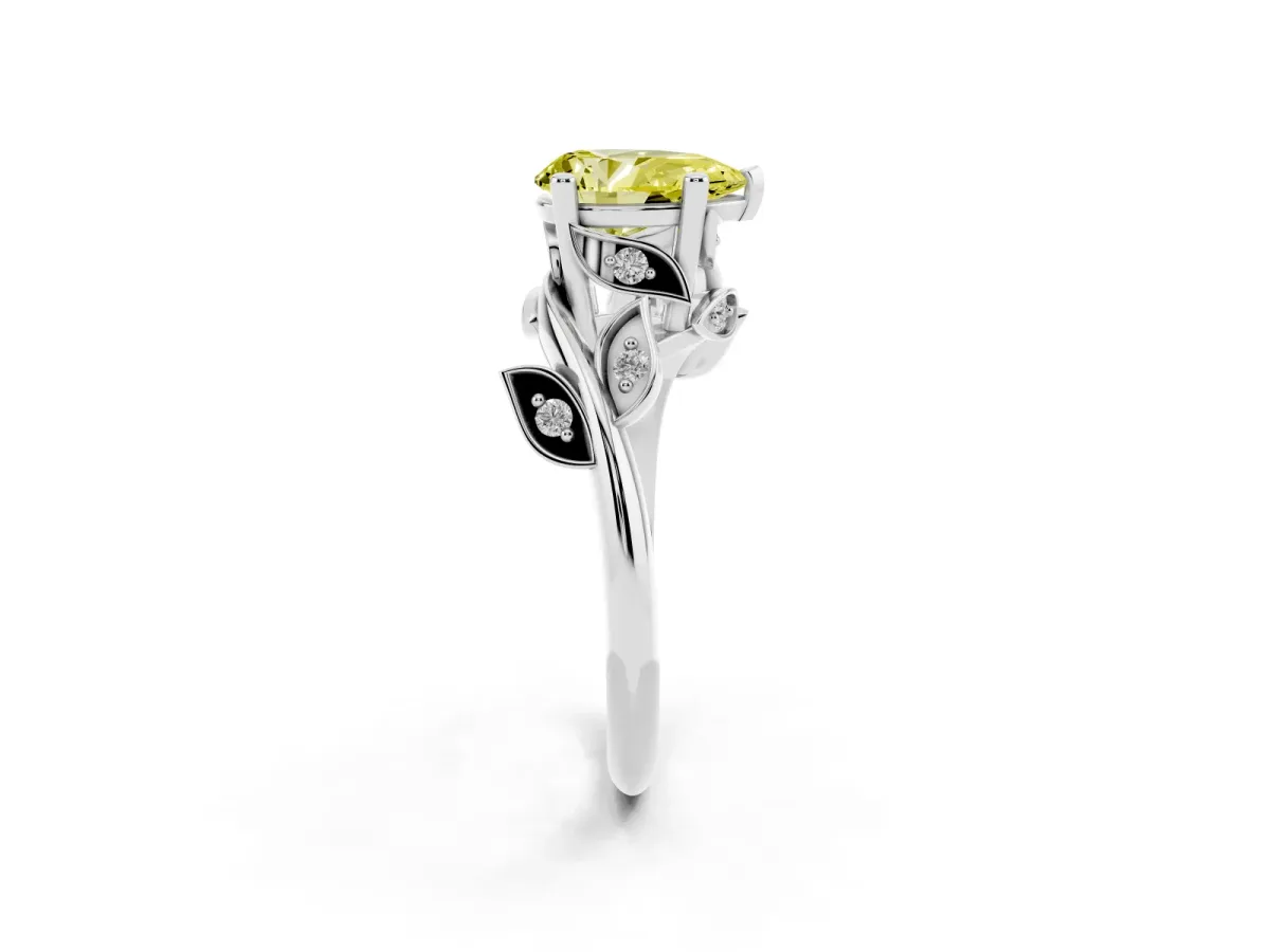 Fancy Yellow Pear Cut Solitaire Twist Engagement Ring with Leaf Accents and Prong Setting Silver