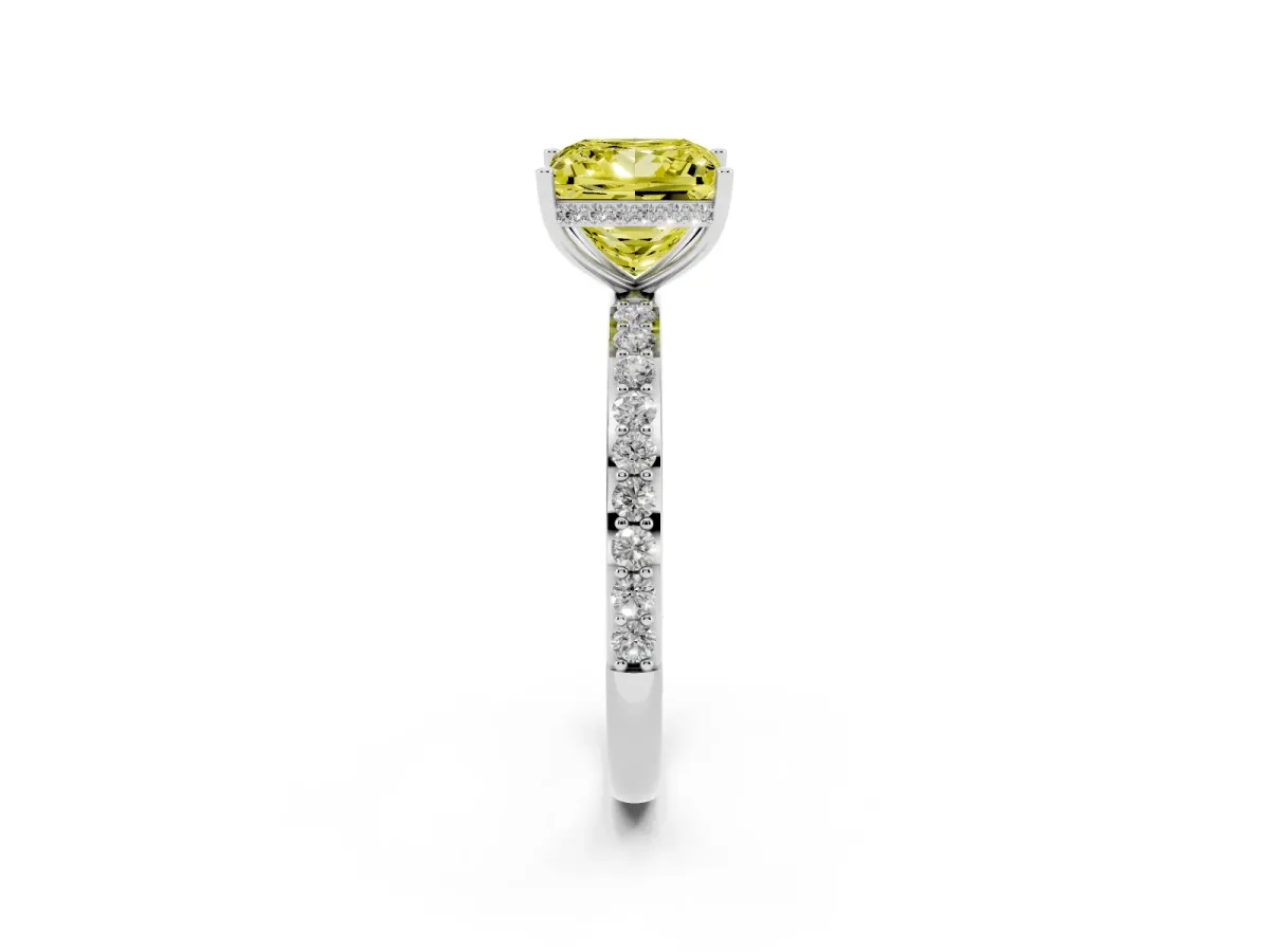 Fancy Yellow Princess Cut Diamond Solitaire Ring with Pavé Band and Hidden Halo Silver