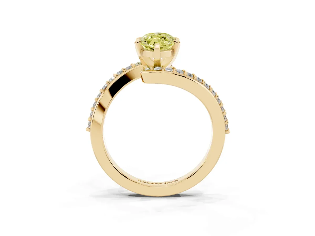 Fancy Yellow Marquise Cut Solitaire Twist Band with Pave Set Diamonds and Four-Prong Setting Yellow gold