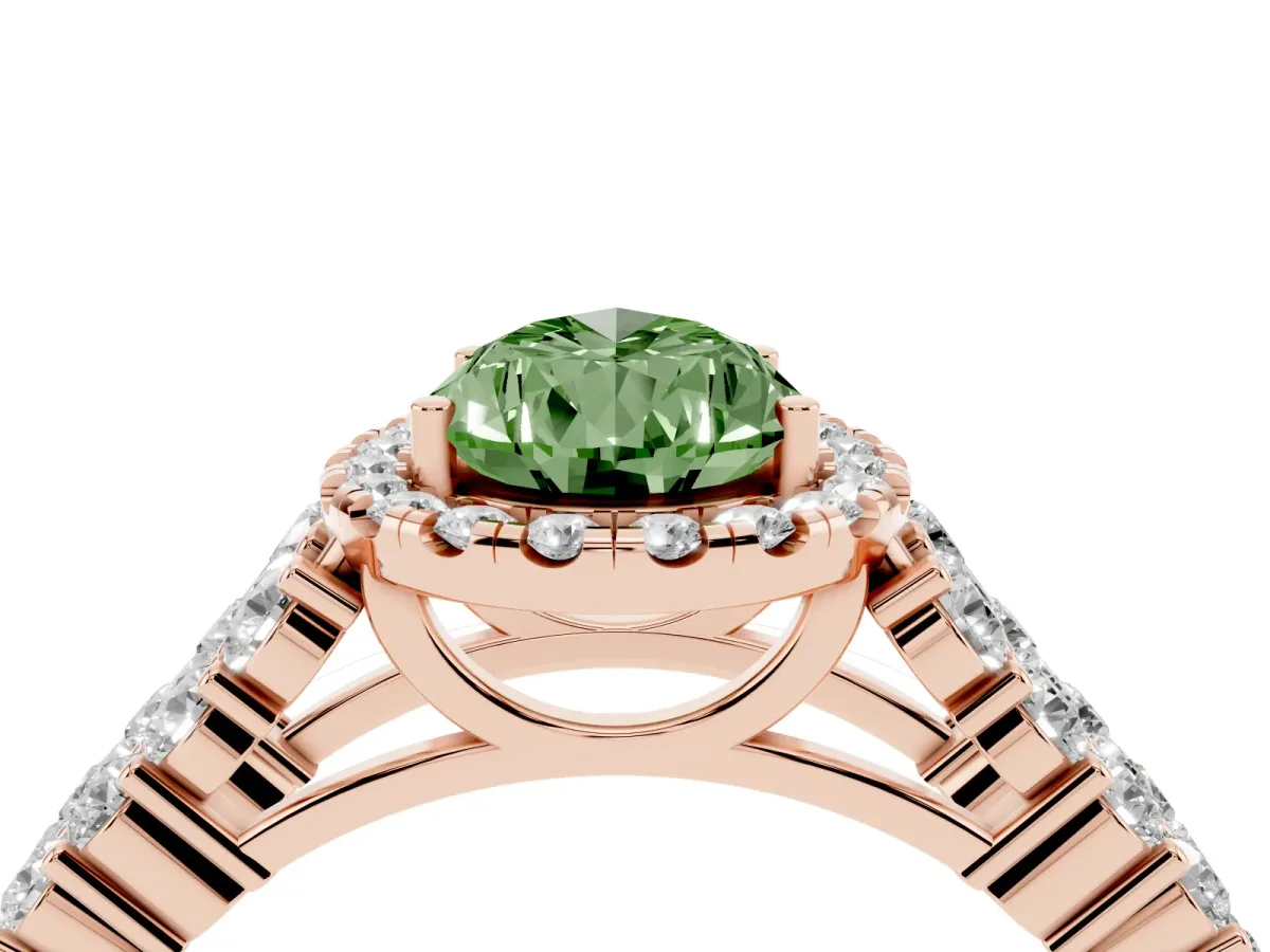 Fancy Green Pear Cut Diamond Halo Engagement Ring with Triple Row Round Pavé Band and Prong Setting Rose gold