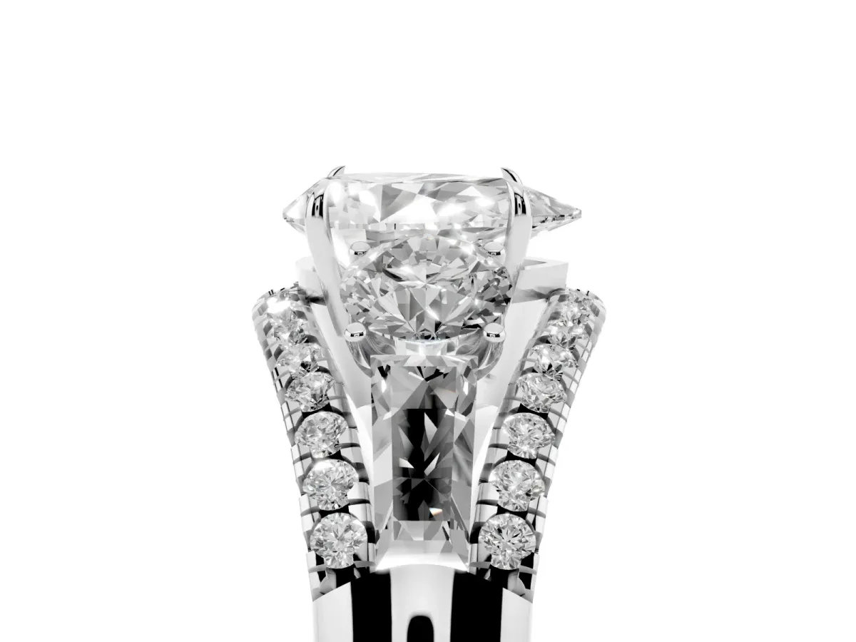 Three-Stone Pear Cut Diamond Engagement Ring with Pave Band and Prong Setting Silver