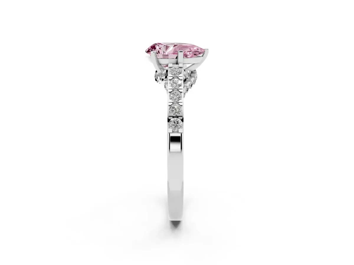 Fancy Pink Pear Cut Diamond Solitaire Ring with Crossover Gallery and Round Pavé Band Platinum