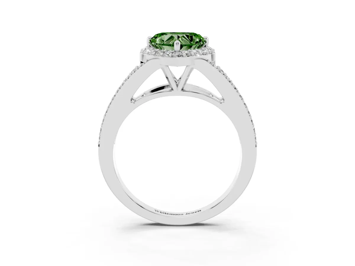 Fancy Green Heart Cut Halo Split Shank Pave Diamond Ring with Four-Prong Setting Platinum
