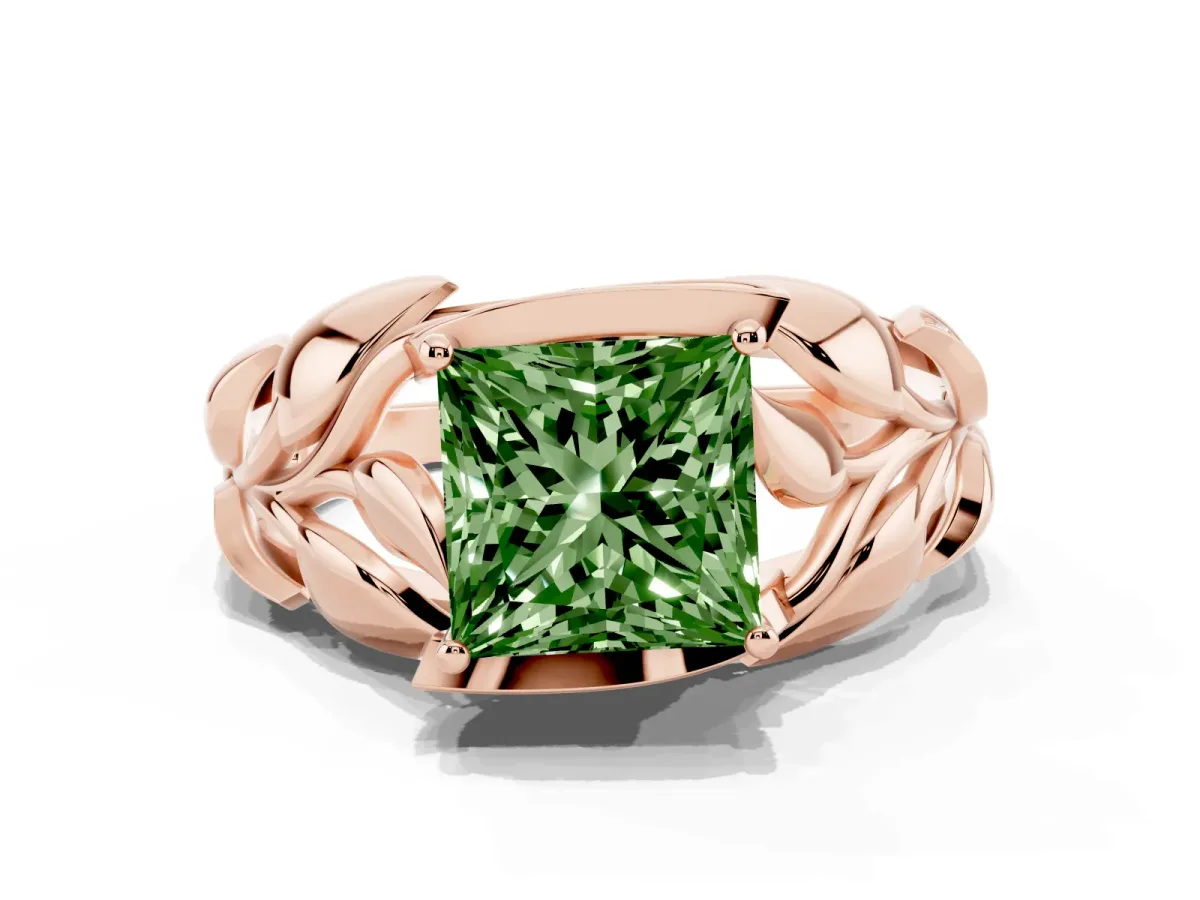 Fancy Green Princess Cut Diamond Leaf-Inspired Engagement Ring with Round Accents and Prong Setting Rose gold