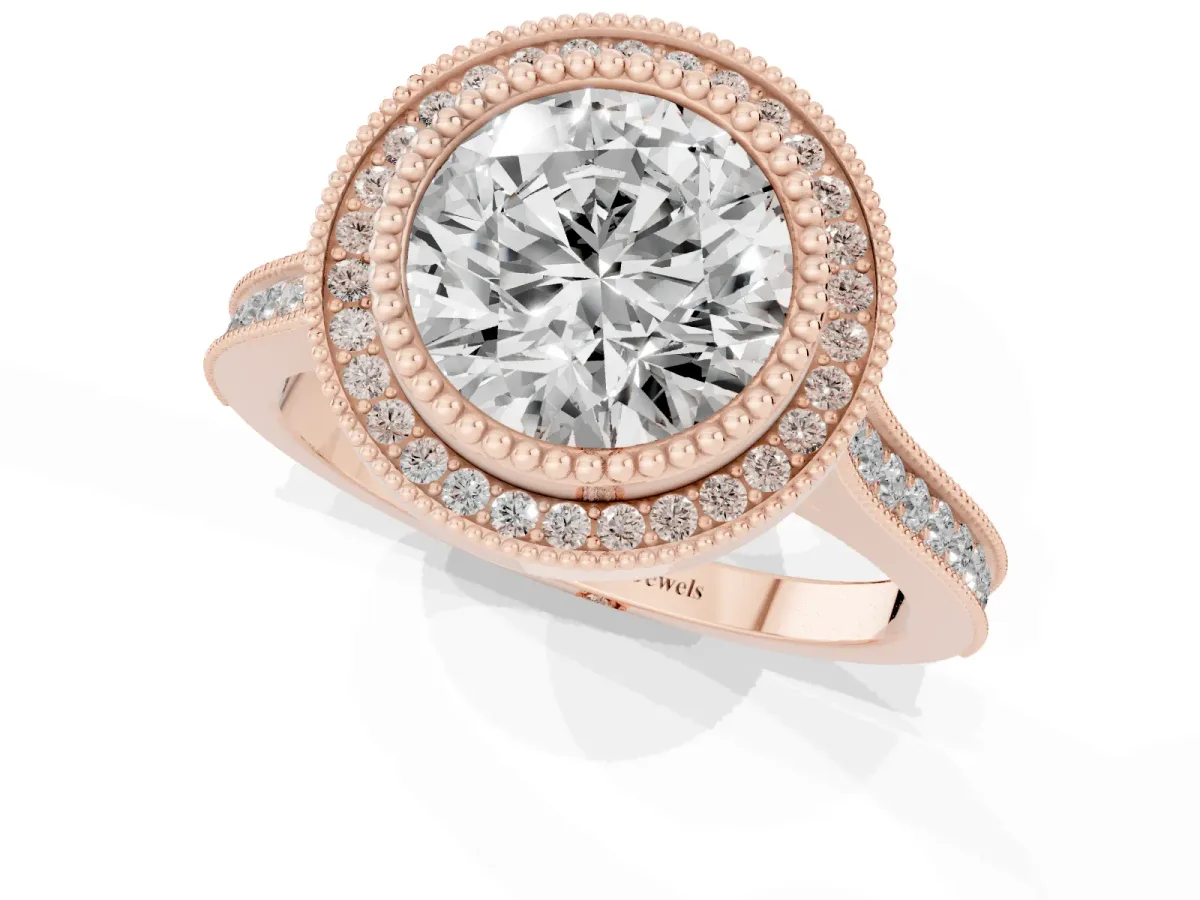 Round Cut Diamond Halo Ring with Milgrain Frame and Pavé Band Rose gold
