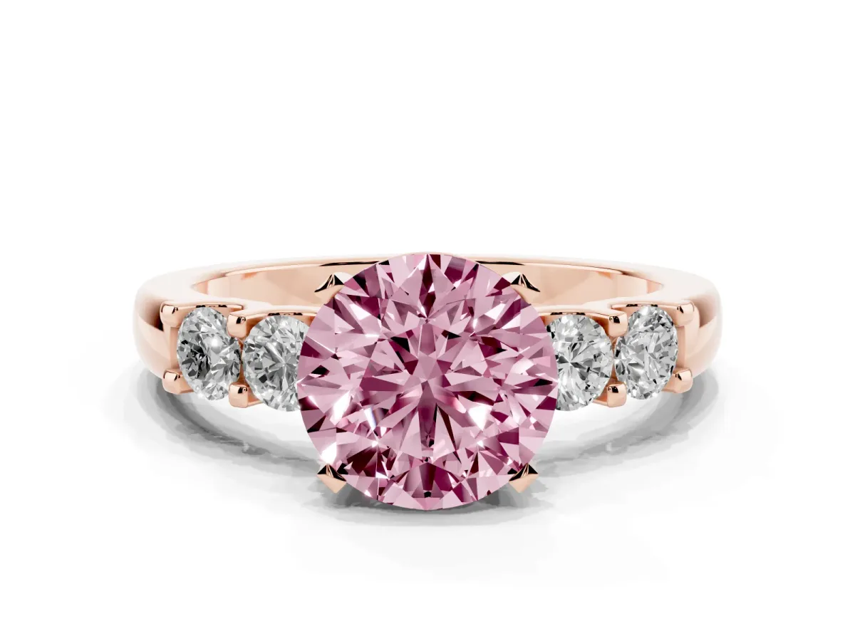 Fancy Pink Round Cut Brilliant Cut Diamond Five-Stone Prong Set Engagement Ring with Channel Band Rose gold