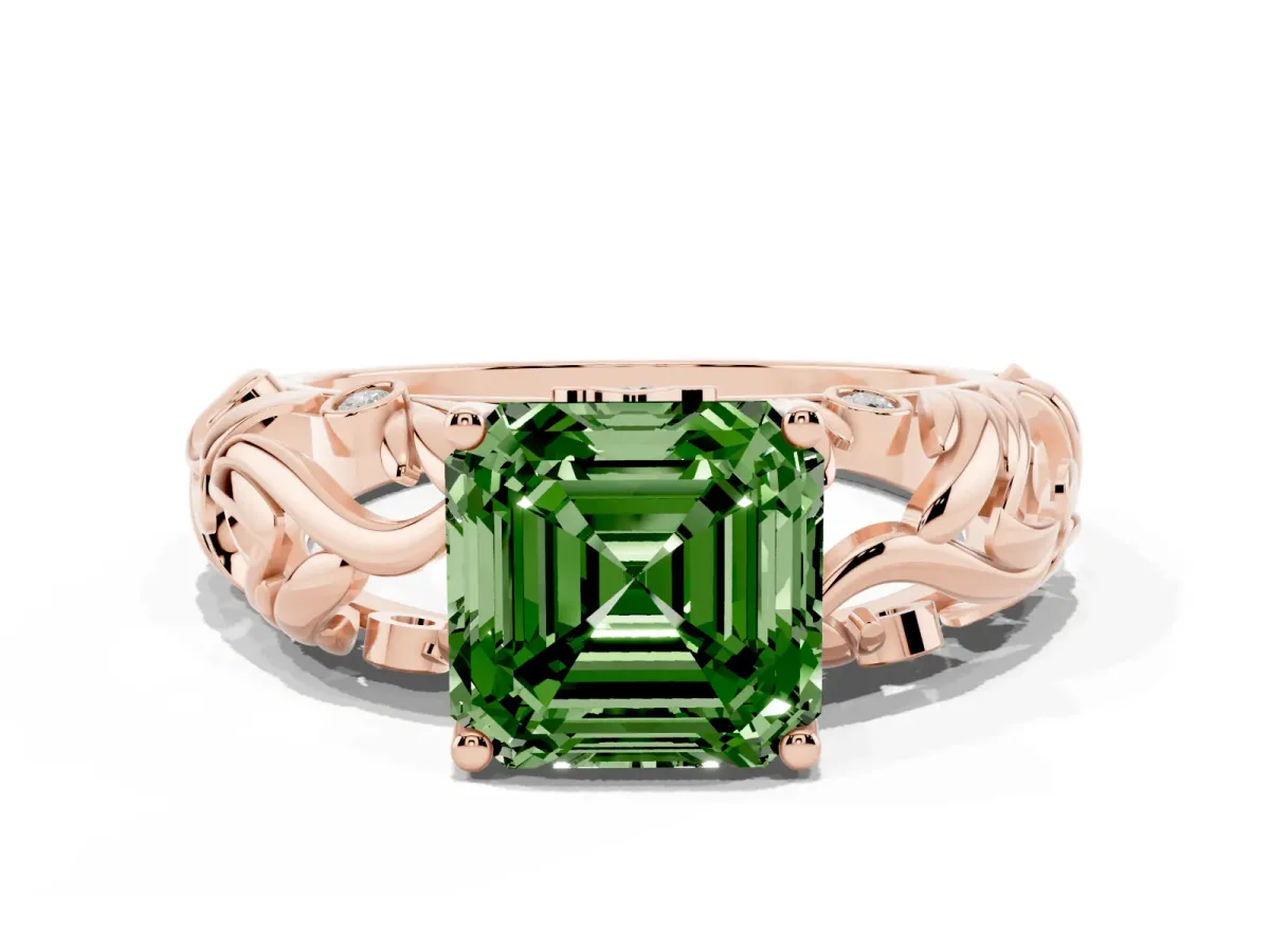 Fancy Green Asscher Cut Solitaire Diamond Leaf-Inspired Vine Band Ring with Prong Setting Rose gold