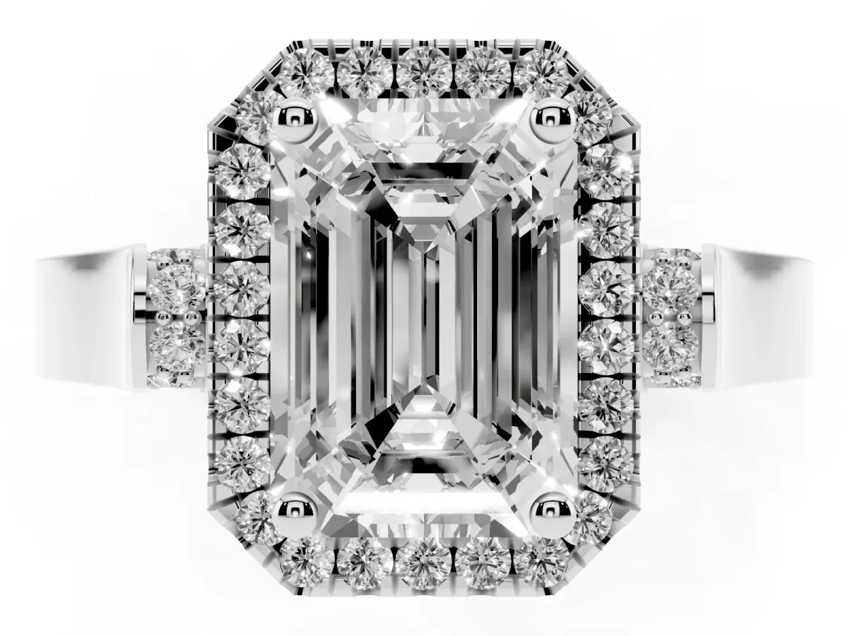 Emerald Cut Halo Pave Split Shank Prong Setting Ring Silver