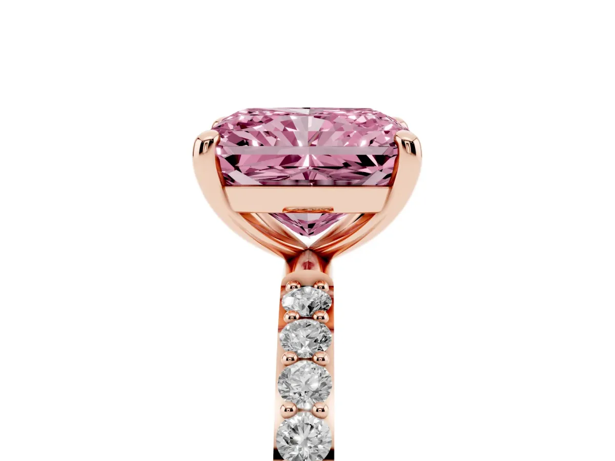 Fancy Pink Radiant Cut Diamond Solitaire Ring with Round Pavé Band and Prong Setting Rose gold