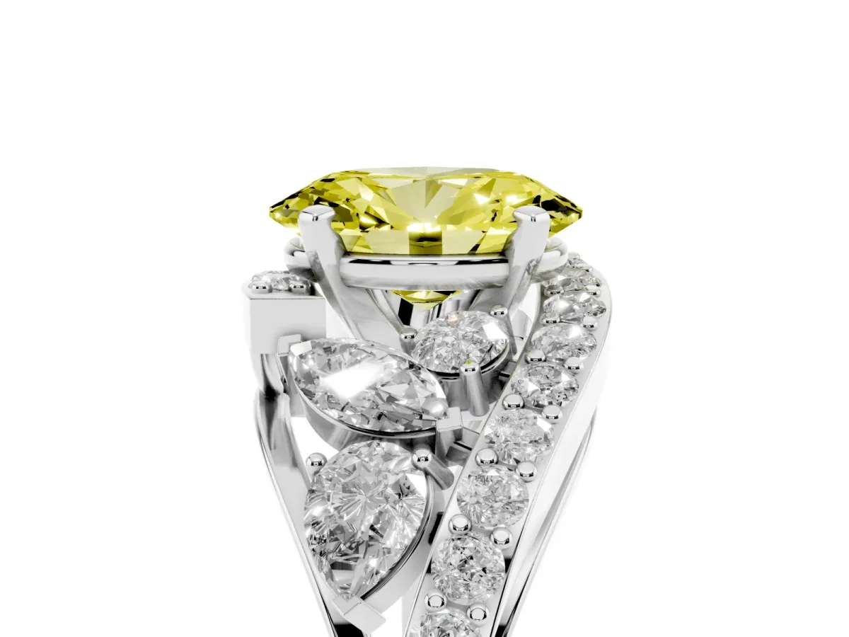 Fancy Yellow Oval Cut Diamond Halo Ring with Marquise and Pavé Band in Prong Setting Platinum