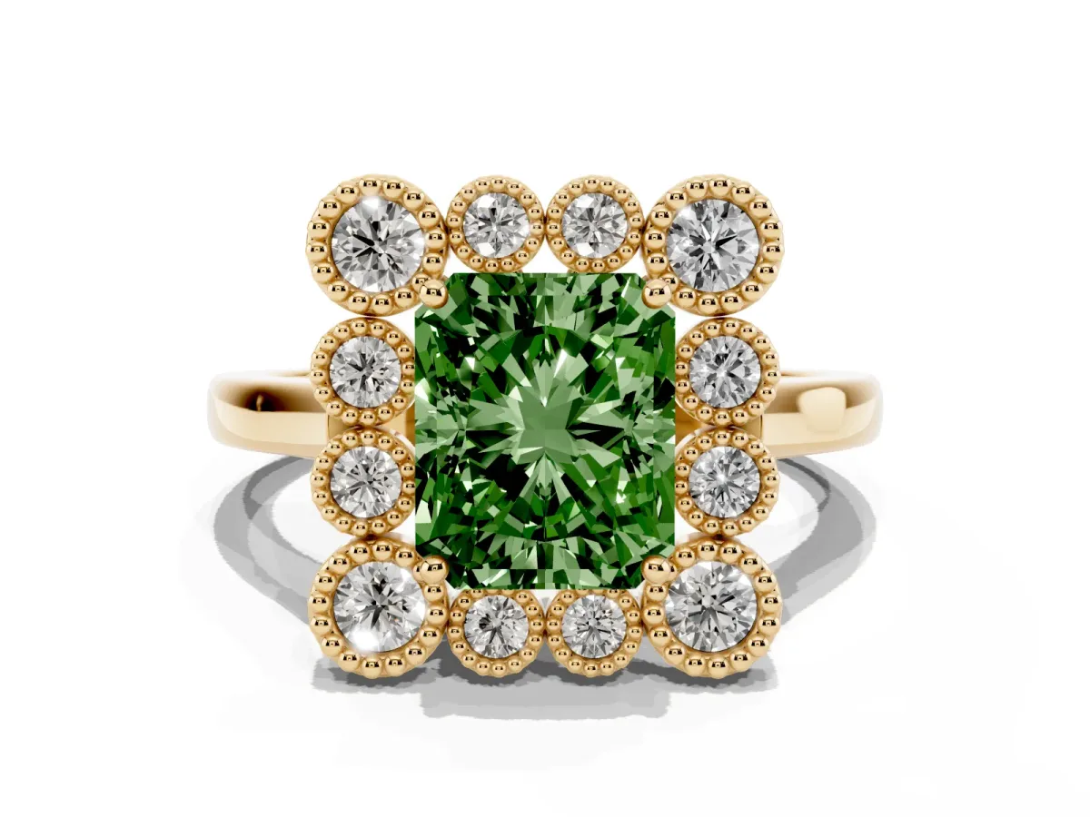 Fancy Green Radiant Cut Halo Diamond Cluster Engagement Ring with Milgrain Bezel Setting and Solitaire Band Yellow gold