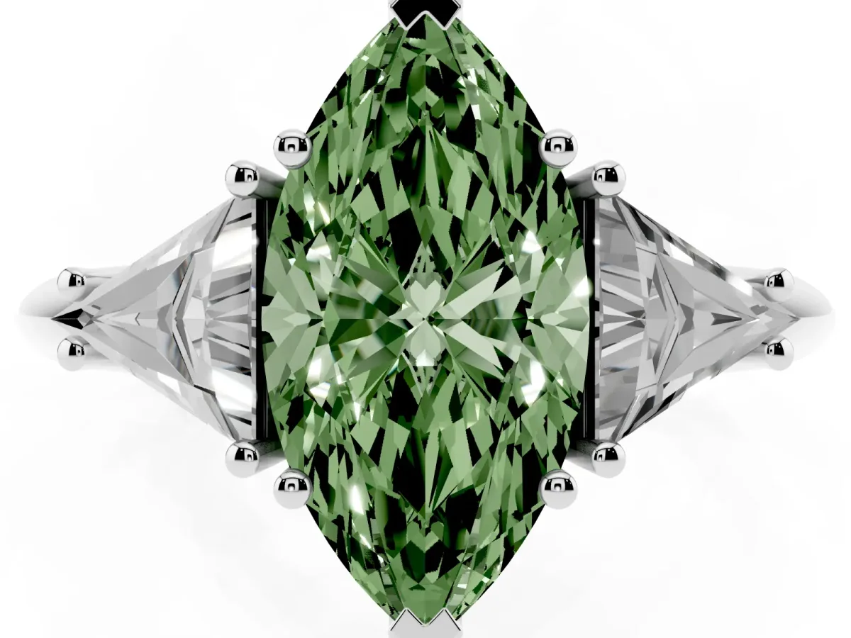Fancy Green Three-Stone Marquise Cut Diamond Engagement Ring with Trillion Side Stones and Prong Setting White gold
