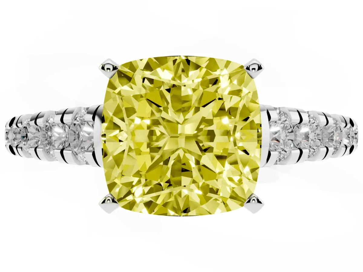 Fancy Yellow Cushion Cut Diamond Cathedral Solitaire Ring with Round Pavé Band Silver