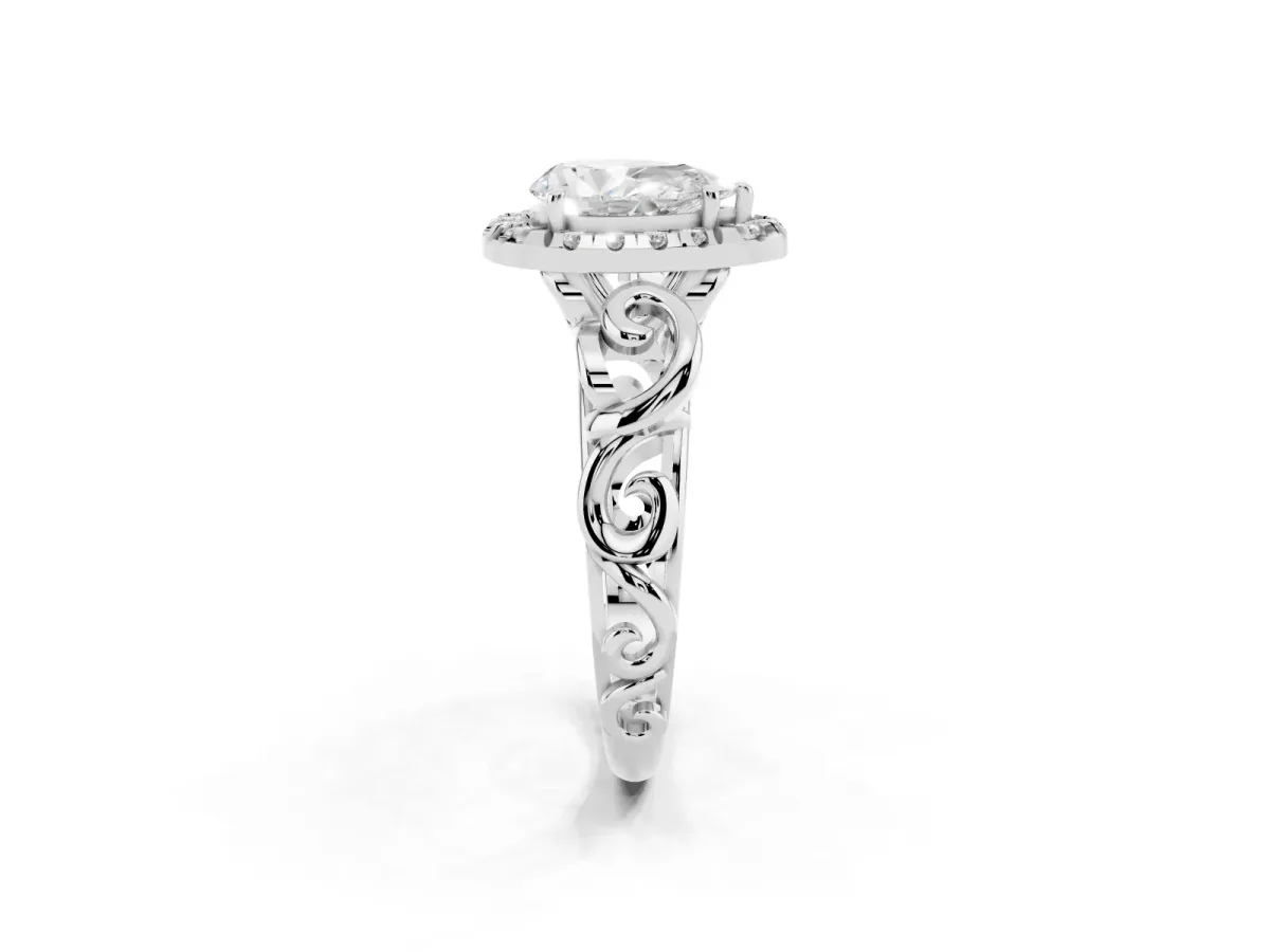 Pear Cut Cut Halo Diamond Ring with Scrollwork Band and Four-Prong Setting Silver