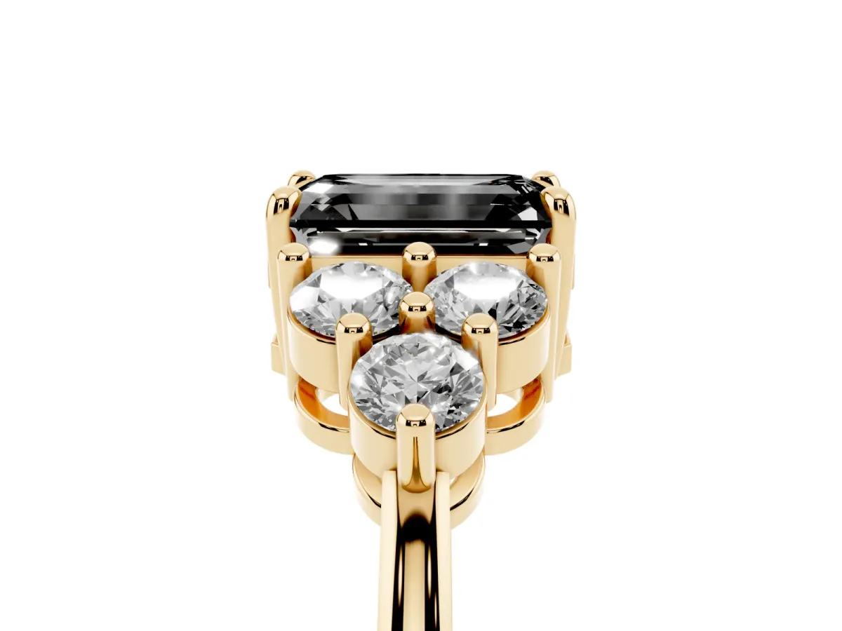 Fancy Black Emerald Cut Brilliant Diamond Cluster Accent Solitaire Ring with Prong Setting Yellow gold