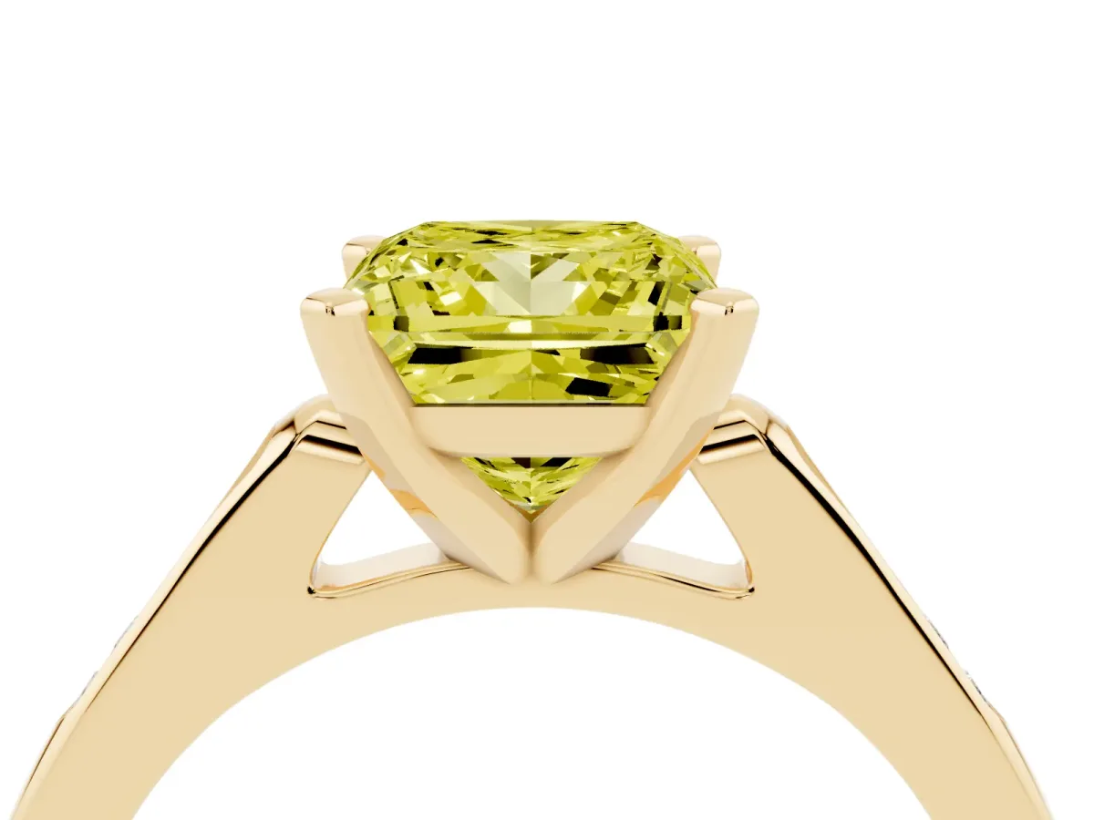 Fancy Yellow Princess Cut Diamond Solitaire Ring with Channel Set Round Band and Prong Setting Yellow gold