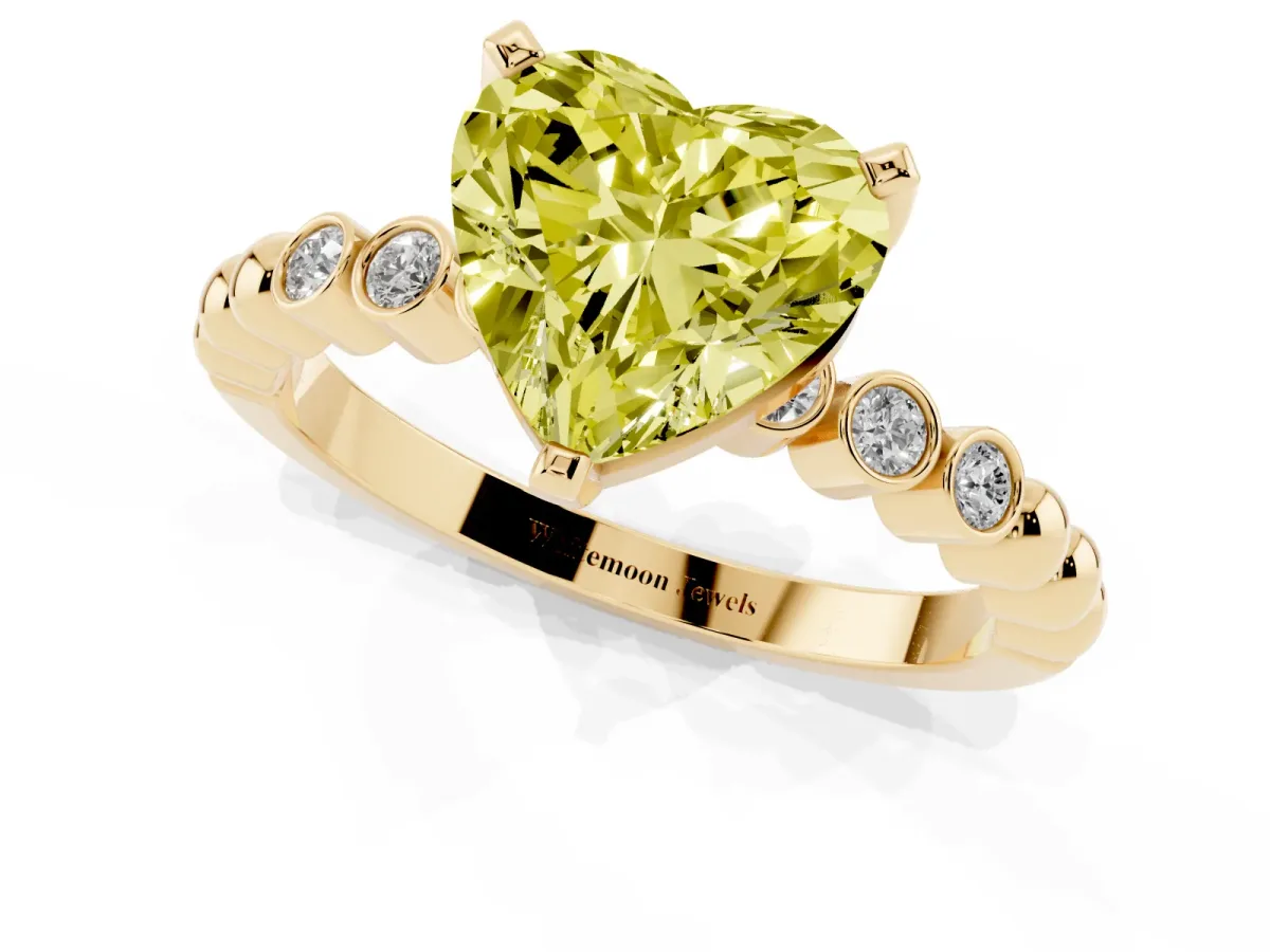 Fancy Yellow Heart Cut Solitaire Bezel Accent Diamond Engagement Ring with Beaded Band and Four-Prong Setting Yellow gold