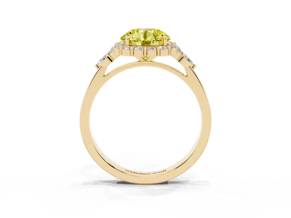 Fancy Yellow Round Cut Diamond Halo Ring with Pear Side Stones and Prong Setting Yellow gold