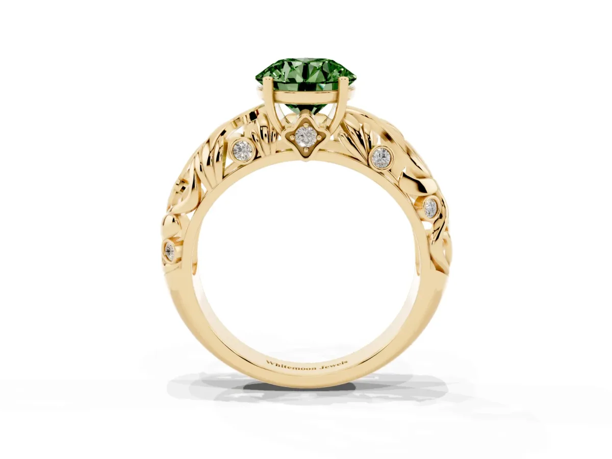 Fancy Green Round Cut Solitaire Diamond Leaf-Inspired Vine Band Ring with Prong Setting Yellow gold