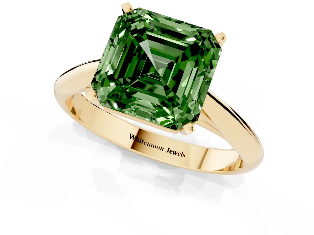 Fancy Green Asscher Cut Diamond Solitaire Engagement Ring with Cathedral Setting and Four-Prong Mount Yellow gold
