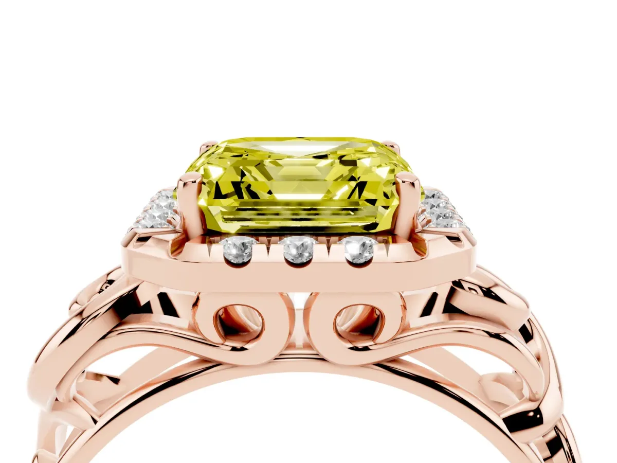 Fancy Yellow Asscher Cut Cut Halo Diamond Ring with Scrollwork Band and Four-Prong Setting Rose gold