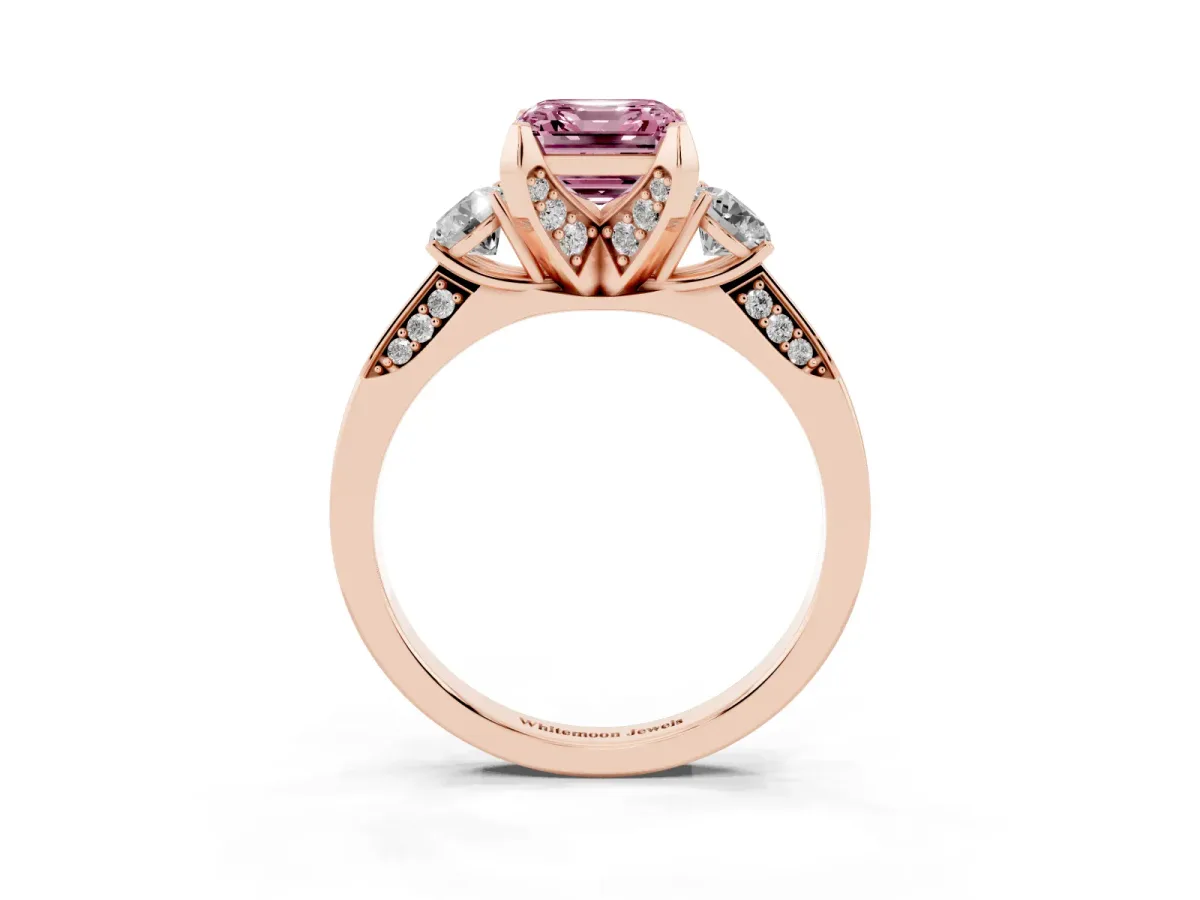 Fancy Pink Asscher Cut Brilliant Three-Stone Diamond Ring with Pavé Band and Four-Prong Setting Rose gold