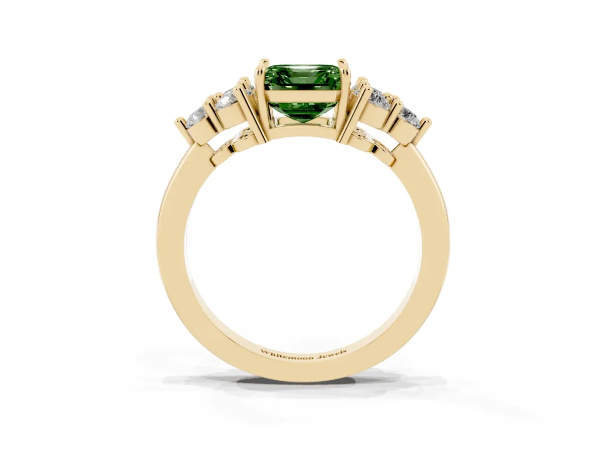 Fancy Green Asscher Cut Brilliant Diamond Cluster Accent Solitaire Ring with Prong Setting Yellow gold