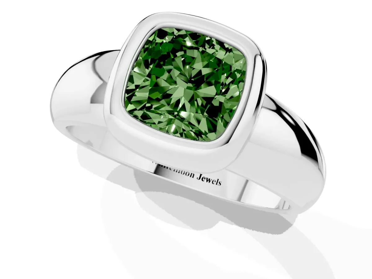 Fancy Green Bezel Set Cushion Cut Solitaire Ring with Wide Band Silver