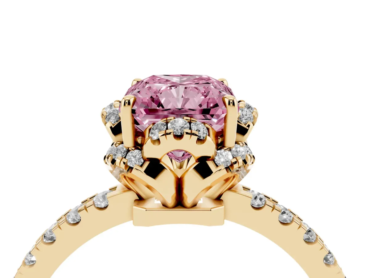 Fancy Pink Radiant Cut Halo Diamond Pave Band Ring with Four-Prong Setting Yellow gold