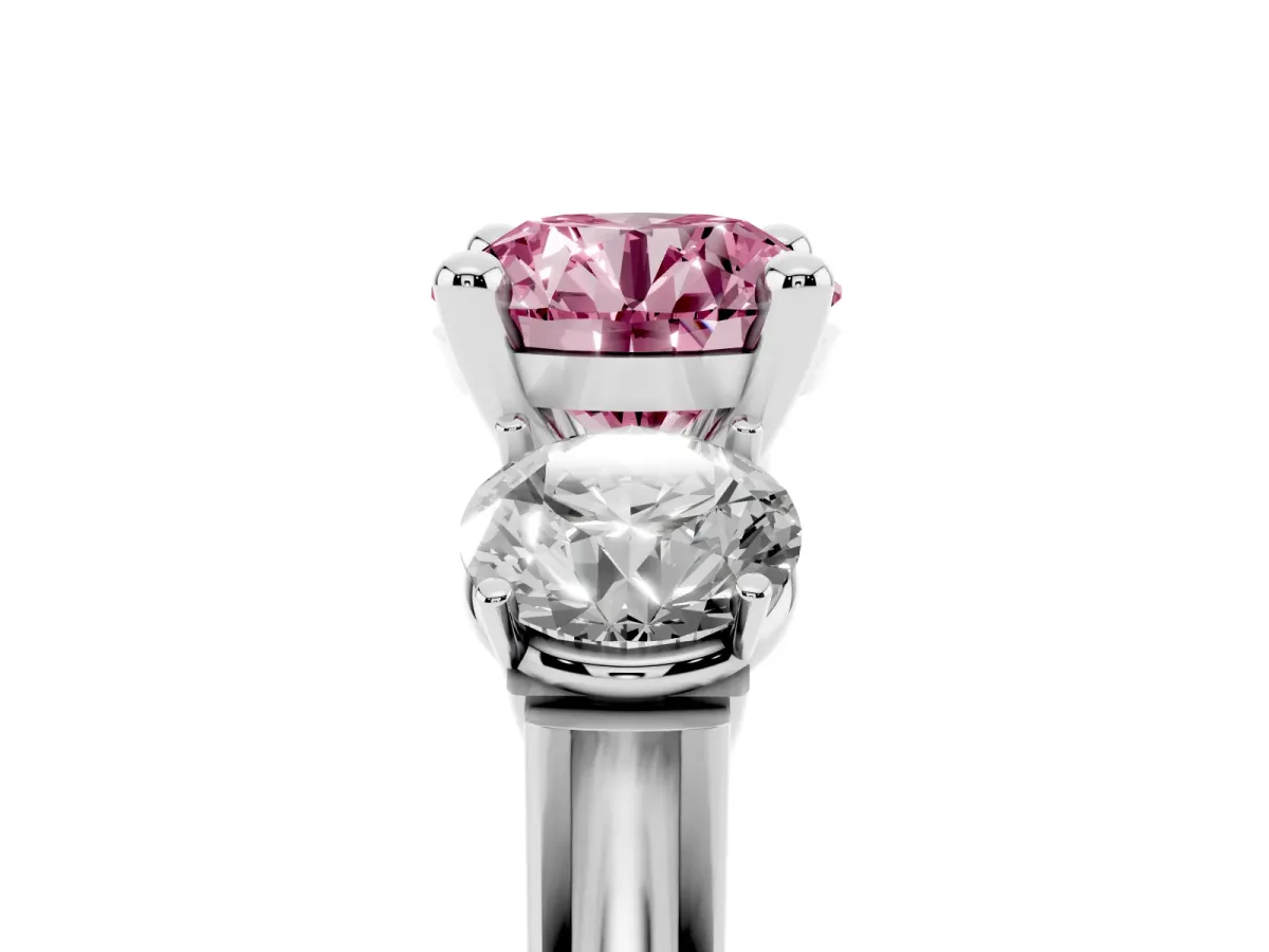 Fancy Pink Three-Stone Round Cut Brilliant Diamond Trellis Ring with Comfort Fit Band Platinum