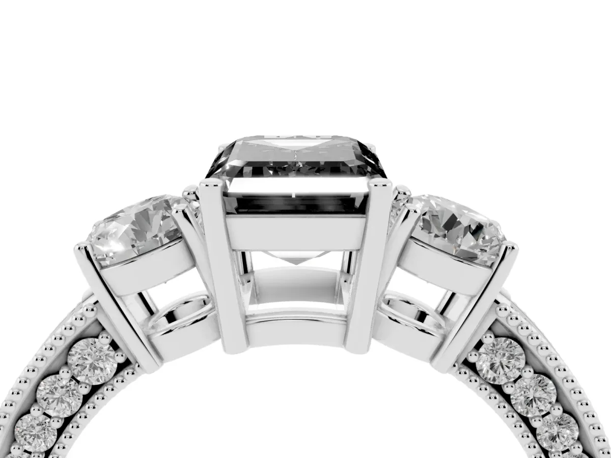 Fancy Black Emerald Cut Three-Stone Diamond Ring with Pavé Band and Four-Prong Setting Silver