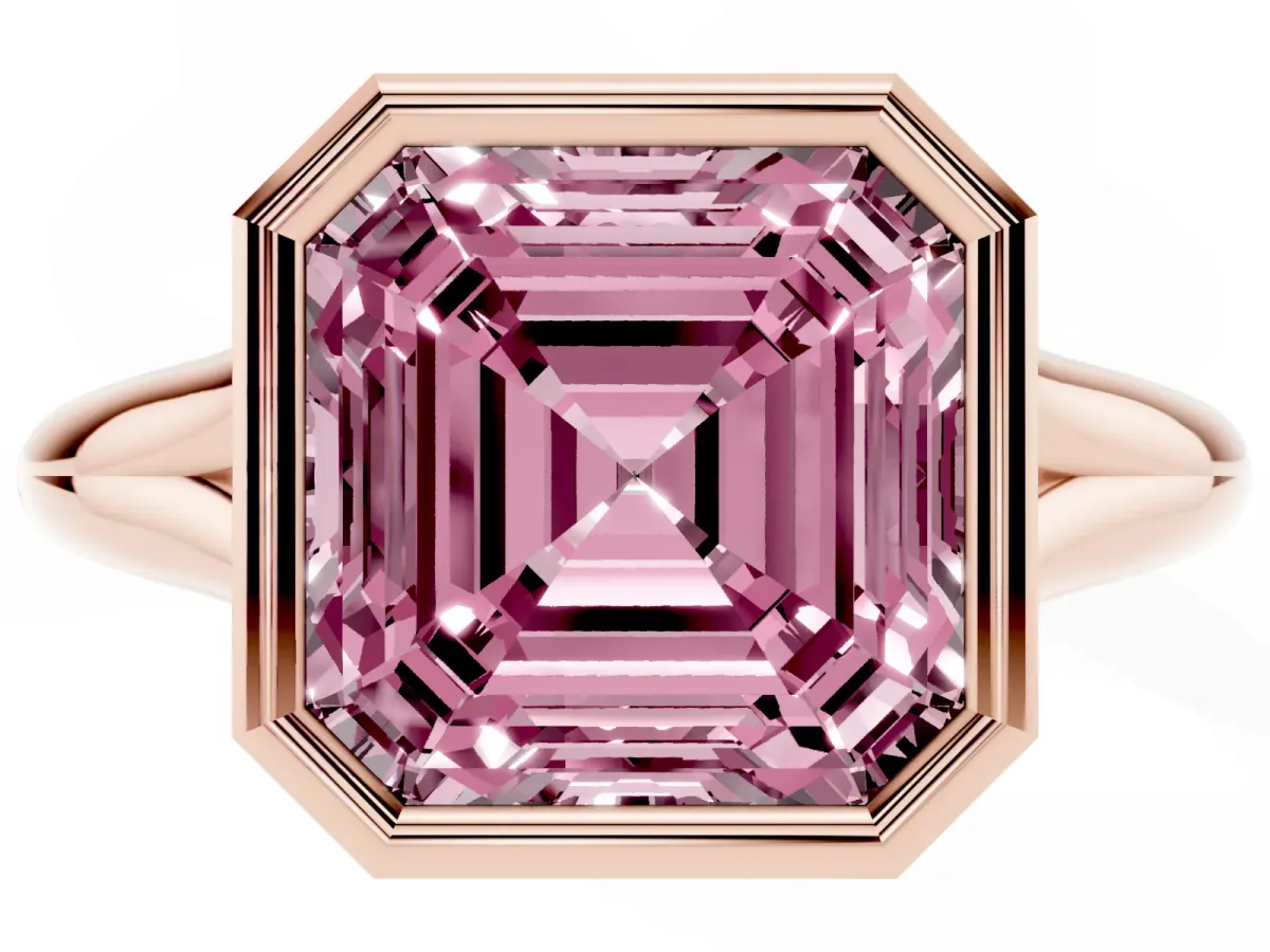 Fancy Pink Bezel Set Asscher Cut Solitaire Diamond Ring with Smooth Band Rose gold