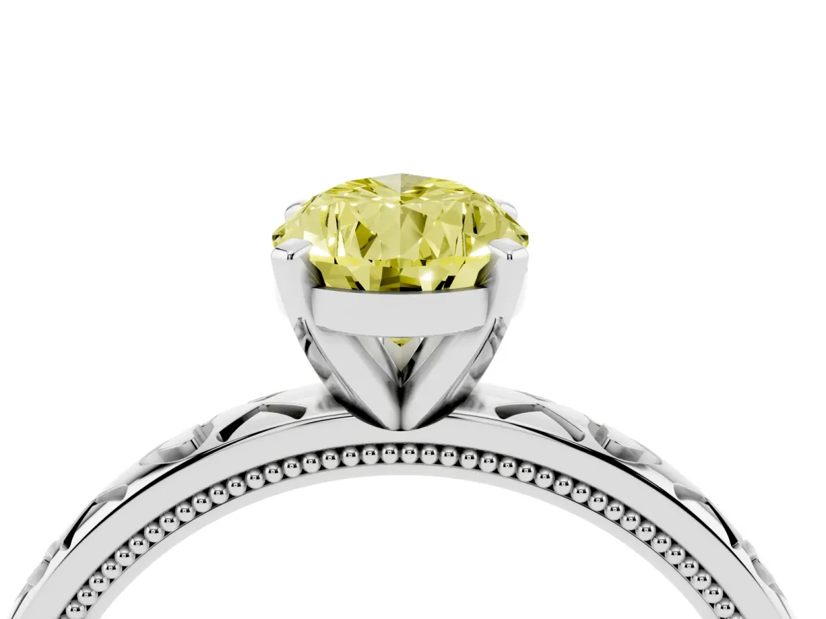 Fancy Yellow Pear Cut Solitaire Diamond Engagement Ring with XO Engraved Band and Four-Prong Setting Silver