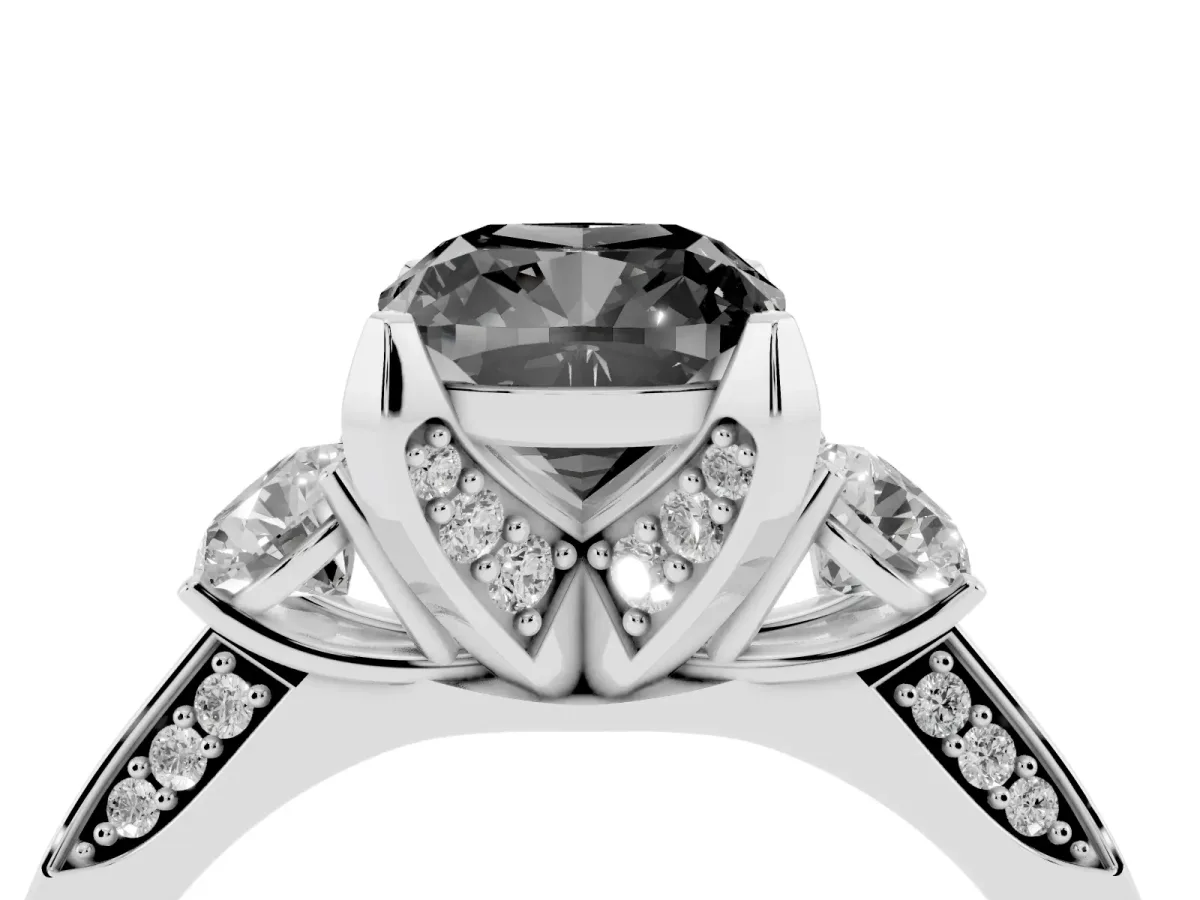 Fancy Black Cushion Cut Brilliant Three-Stone Diamond Ring with Pavé Band and Four-Prong Setting White gold