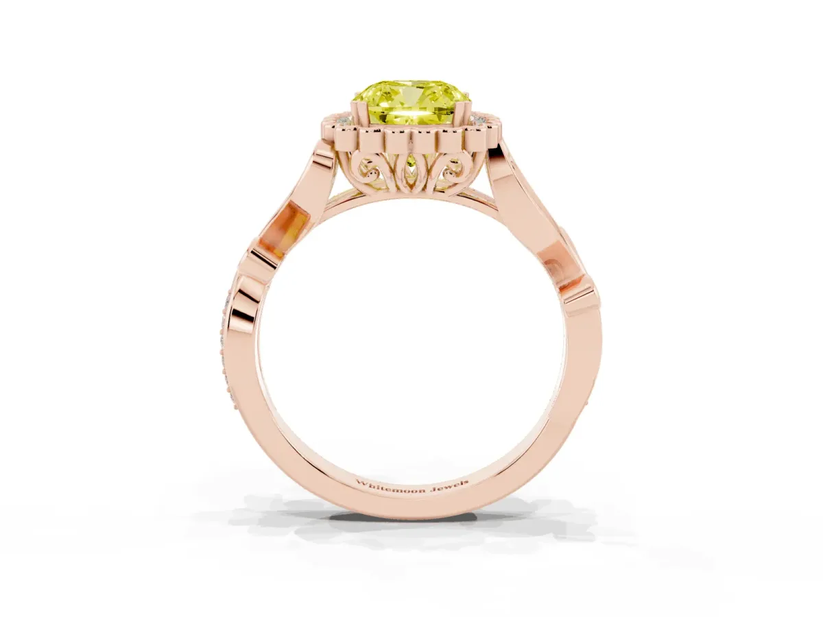 Fancy Yellow Cushion Cut Diamond Halo Ring with Vintage Split Shank and Four-Prong Setting Rose gold