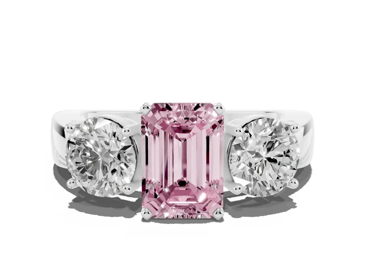 Fancy Pink Three-Stone Emerald Cut Diamond Ring with Round Side Stones, Classic Band, and Four-Prong Setting Silver
