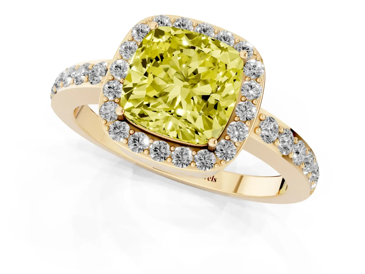 Fancy Yellow Cushion Cut Halo Diamond Pavé Band Ring with Prong Setting Yellow gold