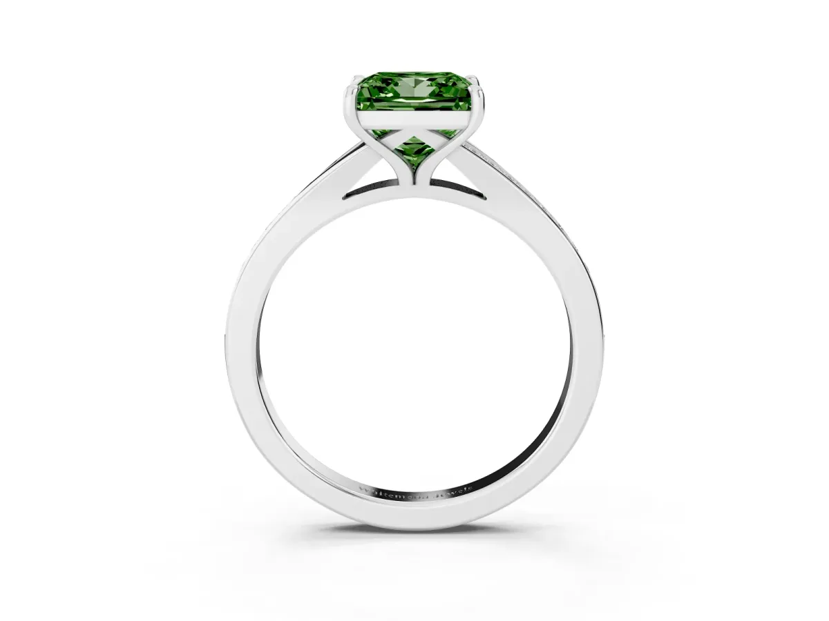 Fancy Green Princess Cut Diamond Solitaire Ring with Pavé Band and Prong Setting Silver